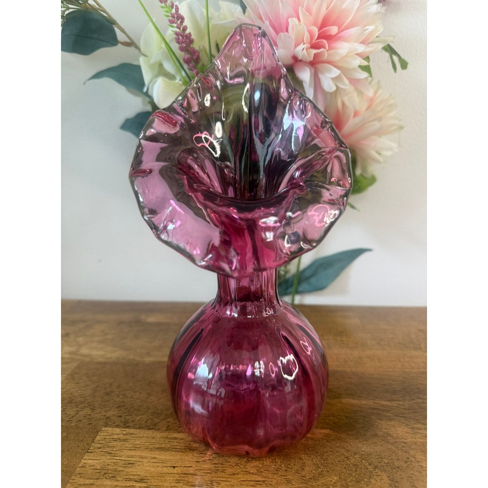 Vintage Cranberry Jack In The Pulpit Art Glass Vase Hand Blown Ruffled Pink